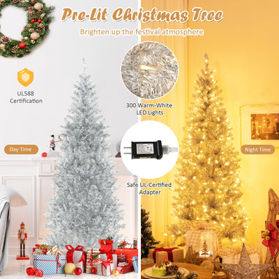 6/7 FT Pre-Lit Artificial Silver Tinsel Xmas Tree with 790 Branch Tips and 300 LED Lights-6 ft