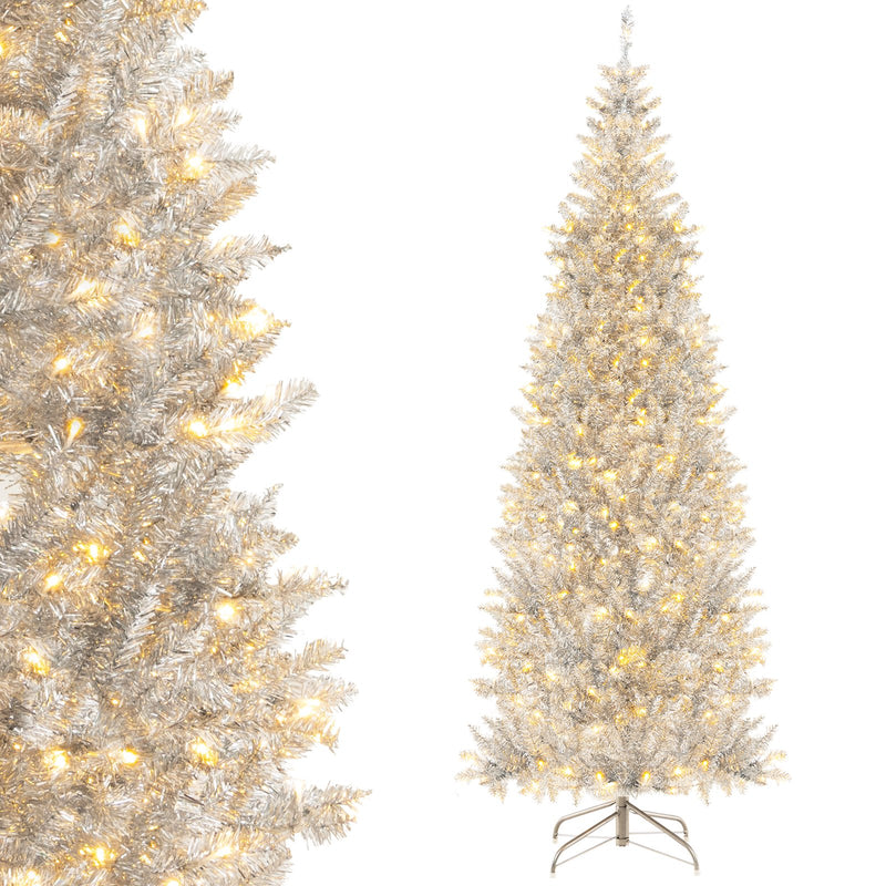 6/7 FT Pre-Lit Artificial Silver Tinsel Xmas Tree with 790 Branch Tips and 300 LED Lights-7 ft