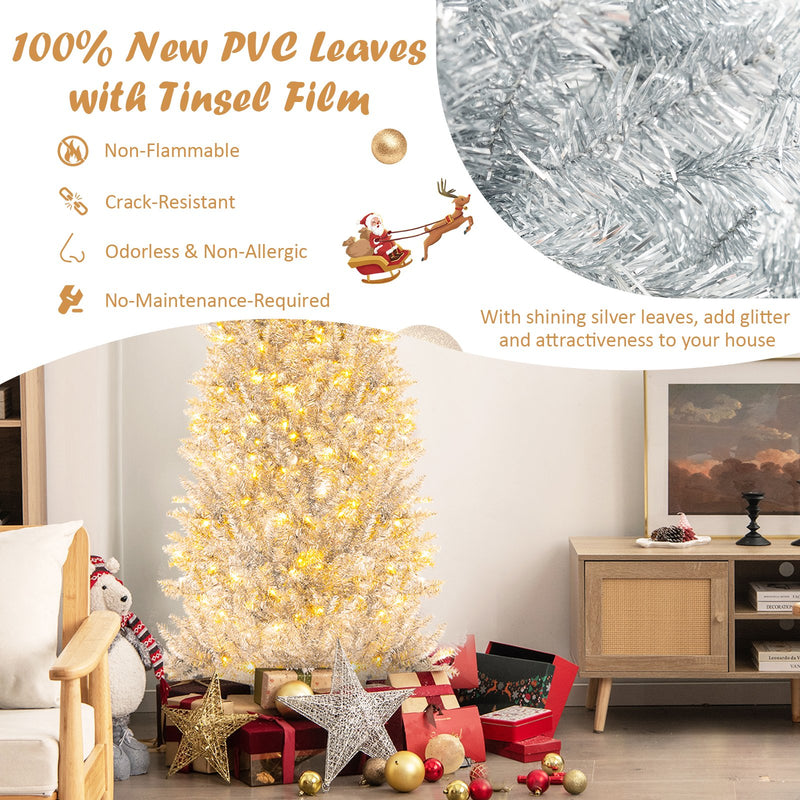 6/7 FT Pre-Lit Artificial Silver Tinsel Xmas Tree with 790 Branch Tips and 300 LED Lights-7 ft