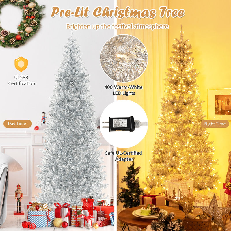 6/7 FT Pre-Lit Artificial Silver Tinsel Xmas Tree with 790 Branch Tips and 300 LED Lights-7 ft