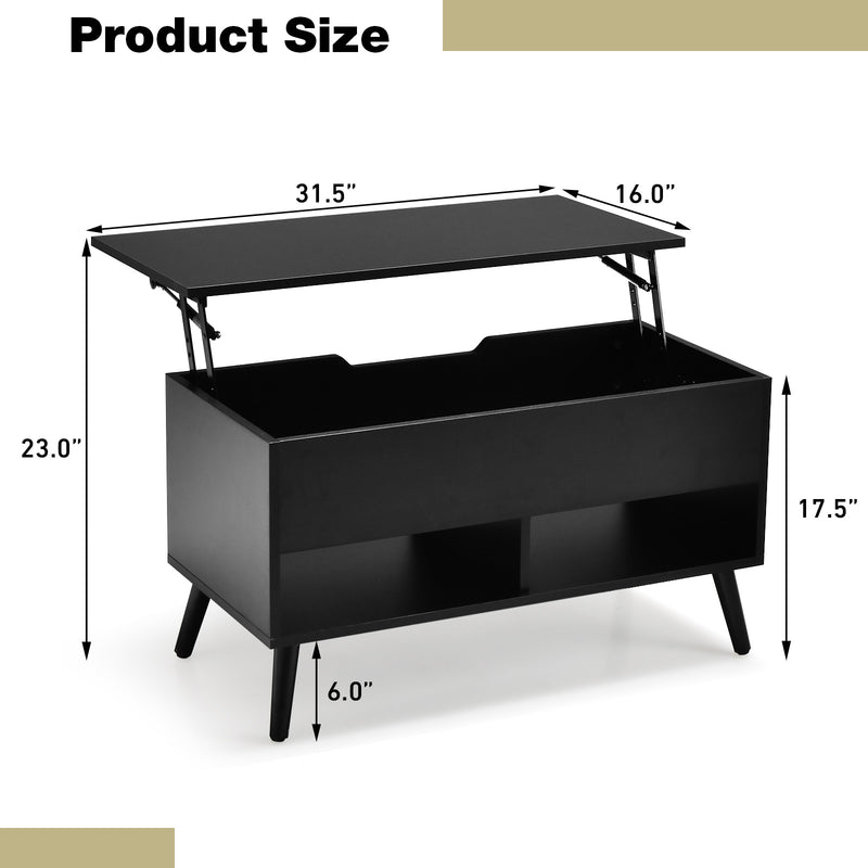 31.5 Inch Lift Top Coffee Table with Hidden Compartment and 2 Storage Shelves-Black