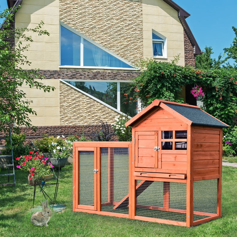 Outdoor Wooden Rabbit Hutch with Asphalt Roof and Removable Tray-Natural