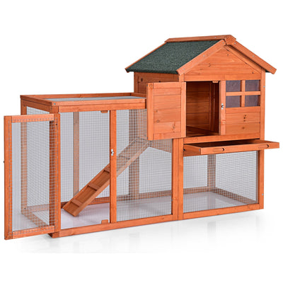 Outdoor Wooden Rabbit Hutch with Asphalt Roof and Removable Tray-Natural