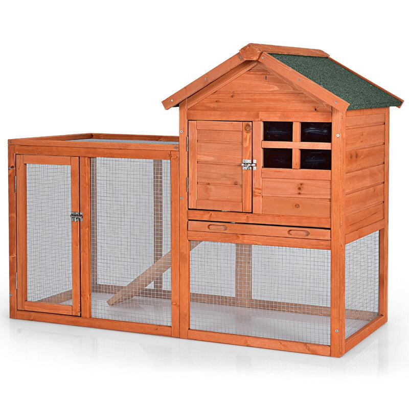 Outdoor Wooden Rabbit Hutch with Asphalt Roof and Removable Tray-Natural