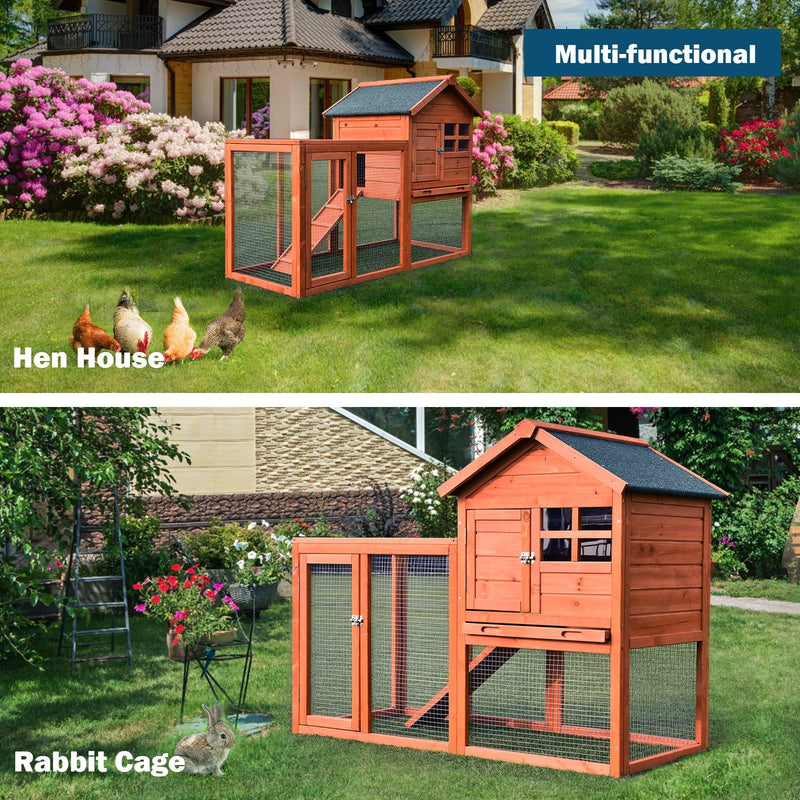 Outdoor Wooden Rabbit Hutch with Asphalt Roof and Removable Tray-Natural