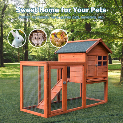 Outdoor Wooden Rabbit Hutch with Asphalt Roof and Removable Tray-Natural