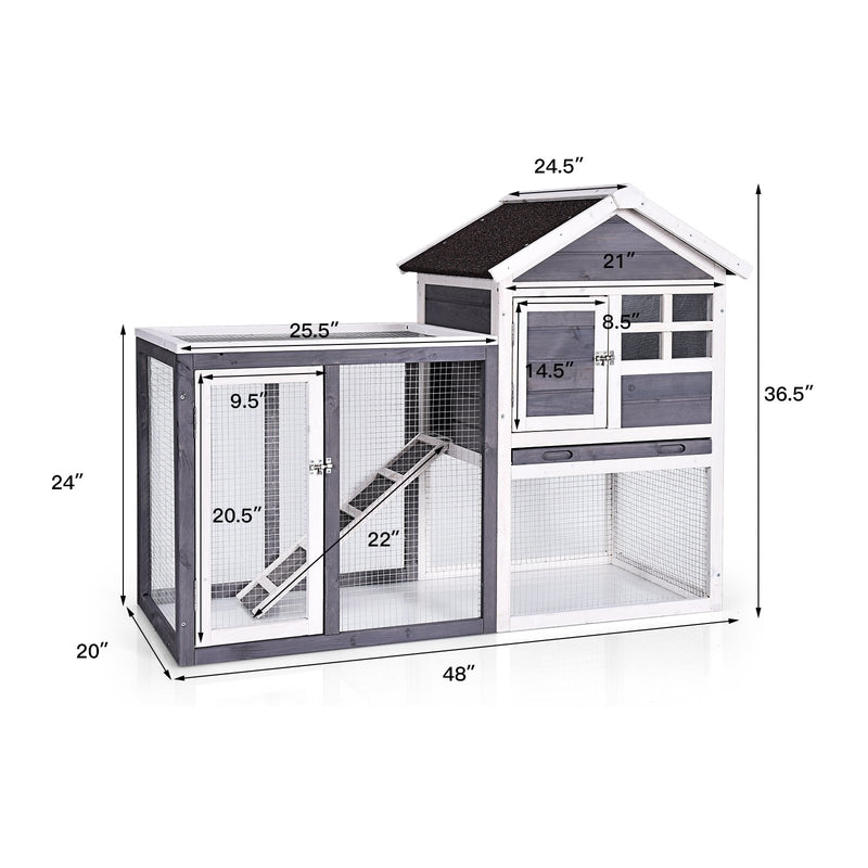 Outdoor Wooden Rabbit Hutch with Asphalt Roof and Removable Tray-Gray