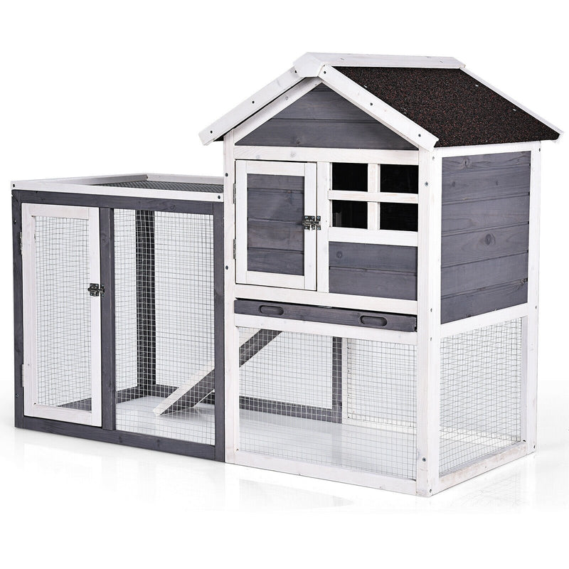 Outdoor Wooden Rabbit Hutch with Asphalt Roof and Removable Tray-Gray