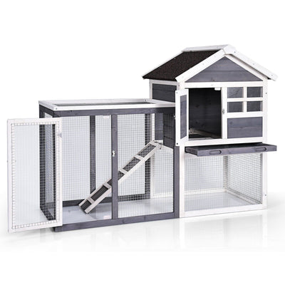 Outdoor Wooden Rabbit Hutch with Asphalt Roof and Removable Tray-Gray