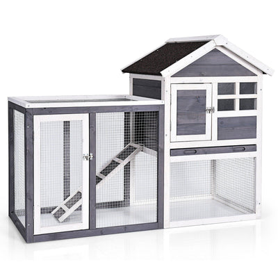 Outdoor Wooden Rabbit Hutch with Asphalt Roof and Removable Tray-Gray