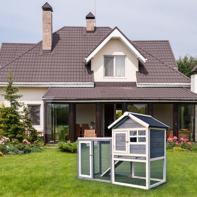 Outdoor Wooden Rabbit Hutch with Asphalt Roof and Removable Tray-Gray