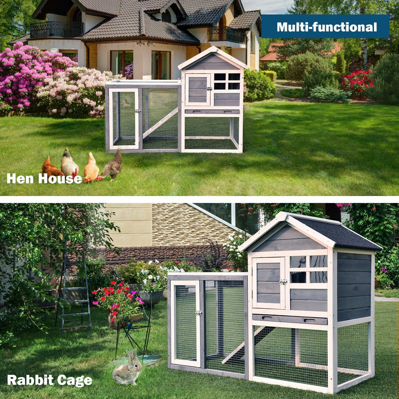 Outdoor Wooden Rabbit Hutch with Asphalt Roof and Removable Tray-Gray