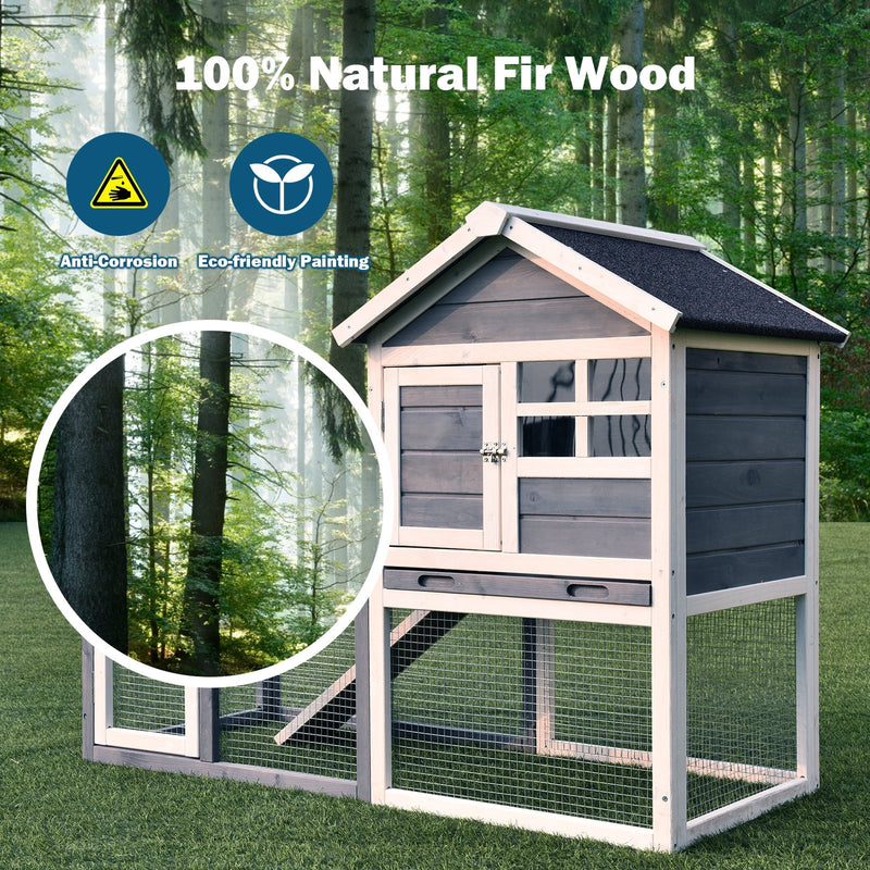 Outdoor Wooden Rabbit Hutch with Asphalt Roof and Removable Tray-Gray