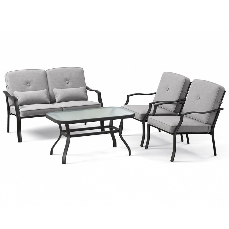 4 Pieces Outdoor Conversation Set with Seat Back Cushions and Waist Pillows-Gray