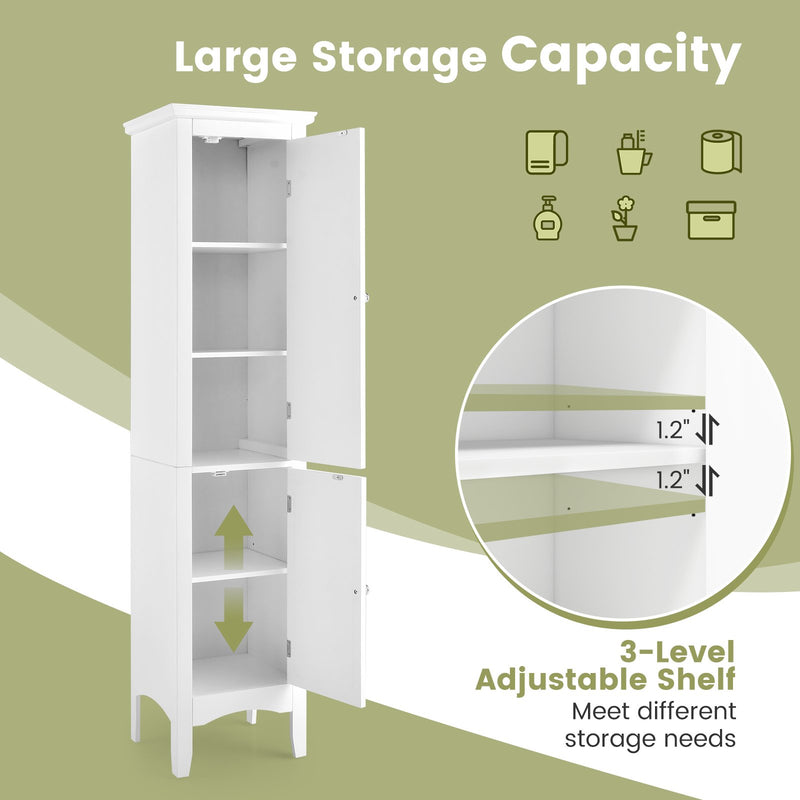 Tall Bathroom Floor Cabinet with Shutter Doors and Adjustable Shelf-White