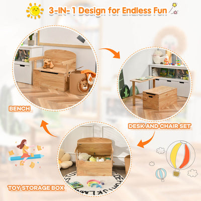 3-in-1 Kids Convertible Storage Bench Wood Activity Table and Chair Set-Natural