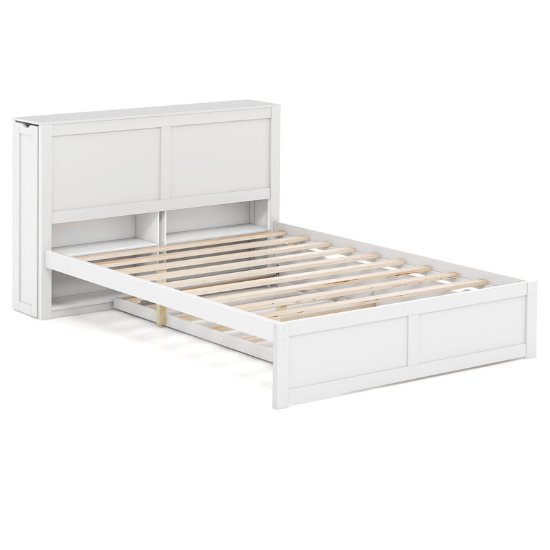 Twin/Full Kids Wooden Platform Bed with Trundle Storage Headboard-Full Size