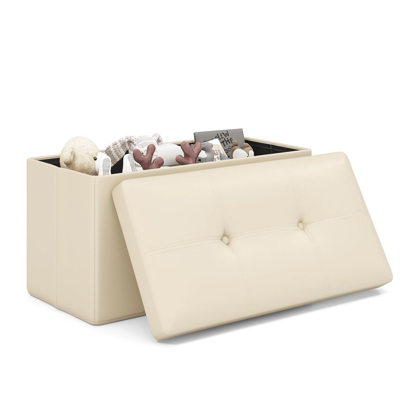 Upholstered Rectangle Footstool with PVC Leather Surface and Storage Function-White