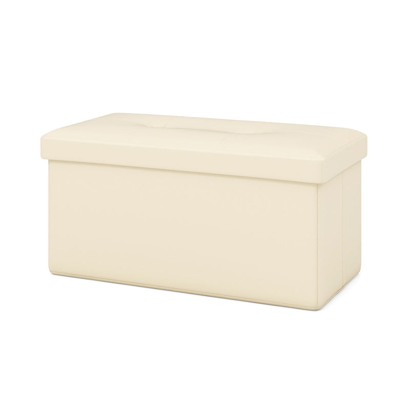 Upholstered Rectangle Footstool with PVC Leather Surface and Storage Function-White