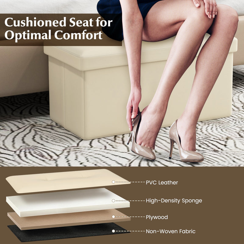 Upholstered Rectangle Footstool with PVC Leather Surface and Storage Function-White