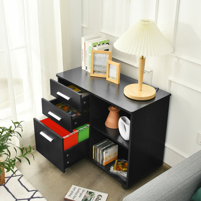 3-Drawer Mobile Lateral File Cabinet Printer Stand-Black