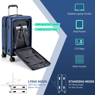 20 Inch Carry-on Luggage PC Hardside Suitcase TSA Lock with Front Pocket and USB Port-Navy