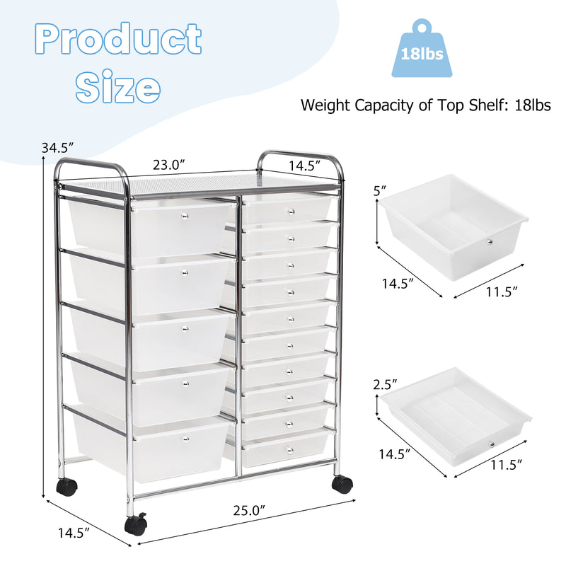 15-Drawer Utility Rolling Organizer Cart Multi-Use Storage-Clear