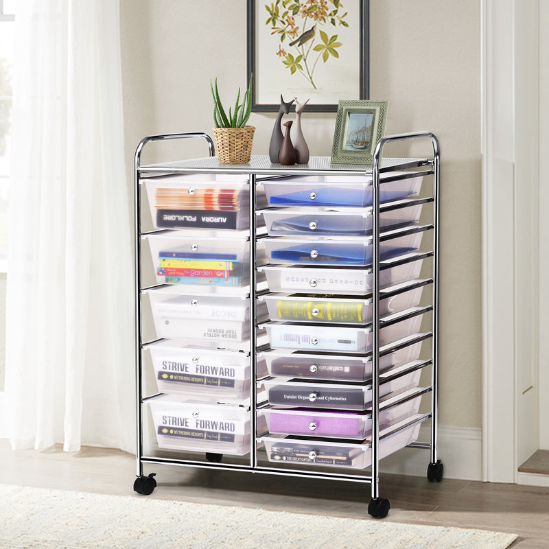 15-Drawer Utility Rolling Organizer Cart Multi-Use Storage-Clear