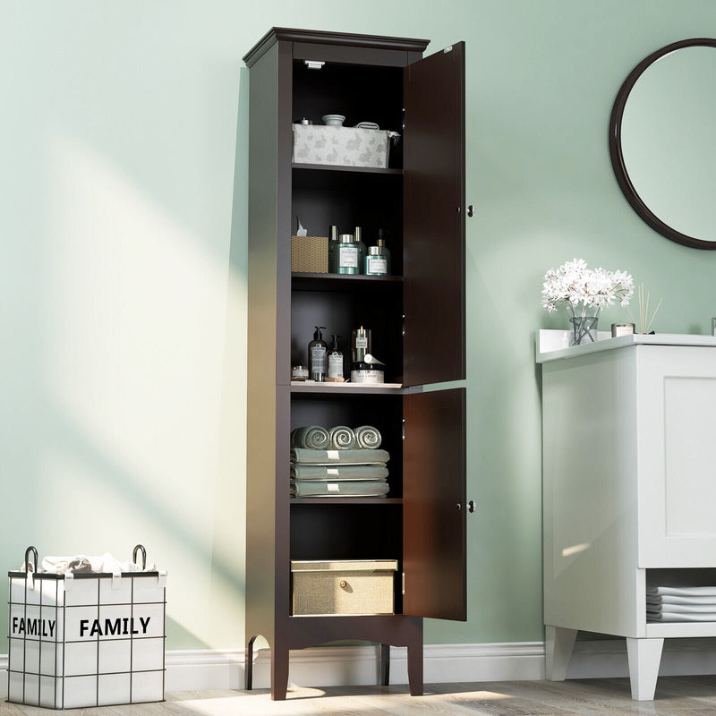 Tall Bathroom Floor Cabinet with Shutter Doors and Adjustable Shelf-Brown