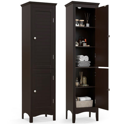 Tall Bathroom Floor Cabinet with Shutter Doors and Adjustable Shelf-Brown