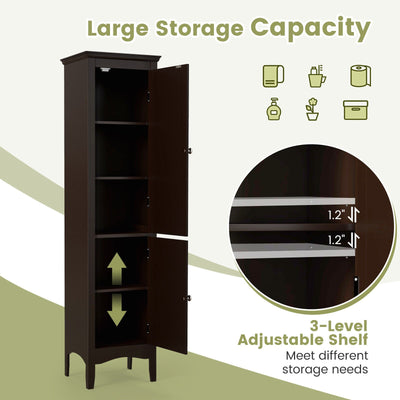 Tall Bathroom Floor Cabinet with Shutter Doors and Adjustable Shelf-Brown