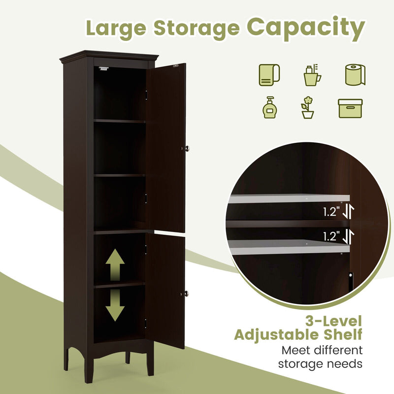 Tall Bathroom Floor Cabinet with Shutter Doors and Adjustable Shelf-Brown