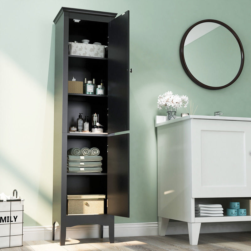 Tall Bathroom Floor Cabinet with Shutter Doors and Adjustable Shelf-Black