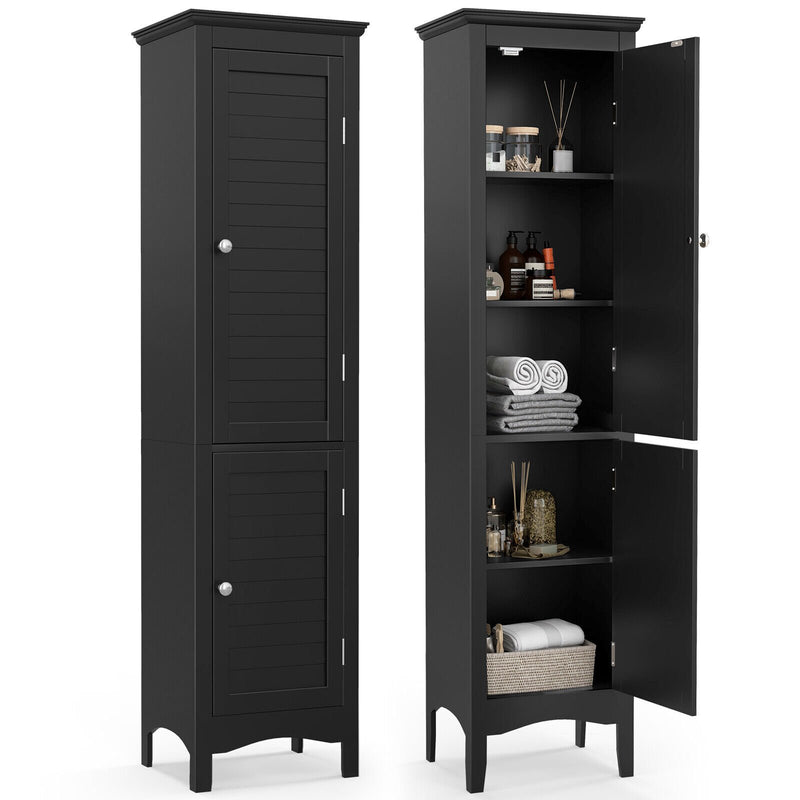 Tall Bathroom Floor Cabinet with Shutter Doors and Adjustable Shelf-Black