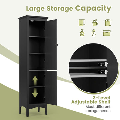 Tall Bathroom Floor Cabinet with Shutter Doors and Adjustable Shelf-Black