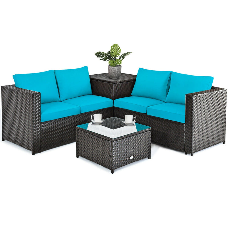 4 Pieces Outdoor Patio Rattan Furniture Set with Cushioned Loveseat and Storage Box-Turquoise