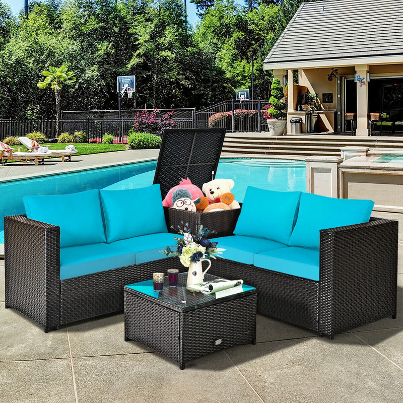 4 Pieces Outdoor Patio Rattan Furniture Set with Cushioned Loveseat and Storage Box-Turquoise