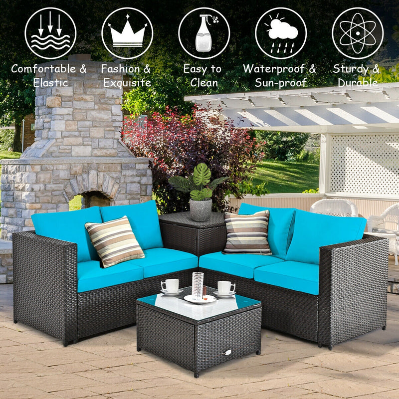 4 Pieces Outdoor Patio Rattan Furniture Set with Cushioned Loveseat and Storage Box-Turquoise