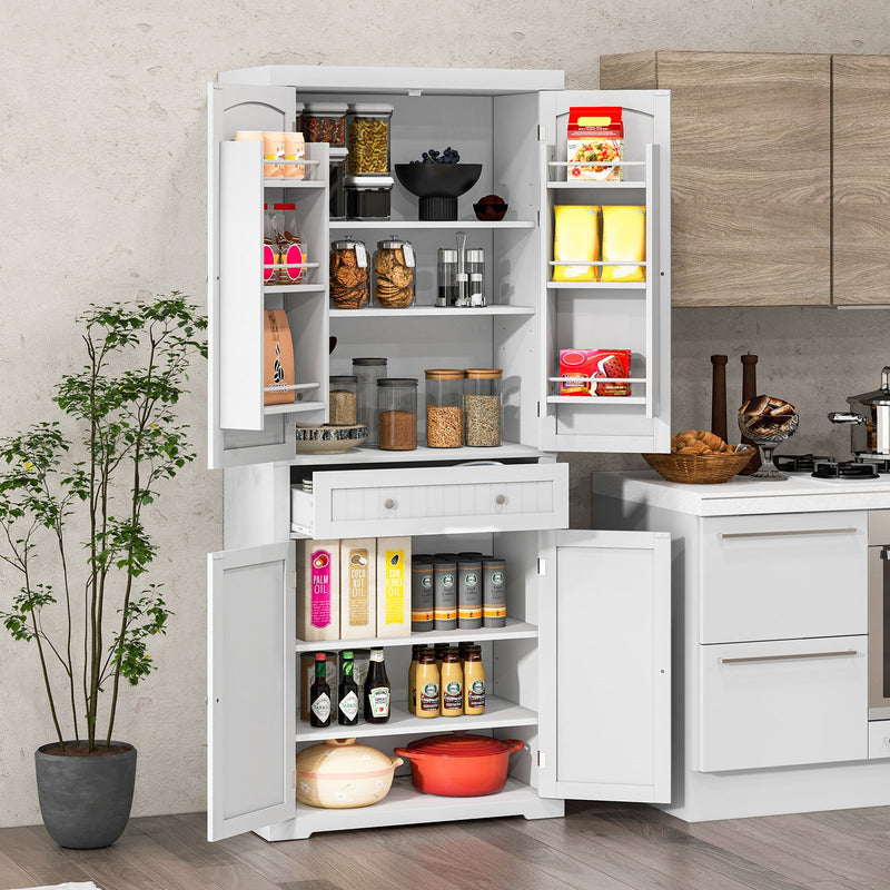 72 Inch Freestanding Kitchen Pantry Cabinet 4 Doors Storage Cupboard Shelves Drawer-White