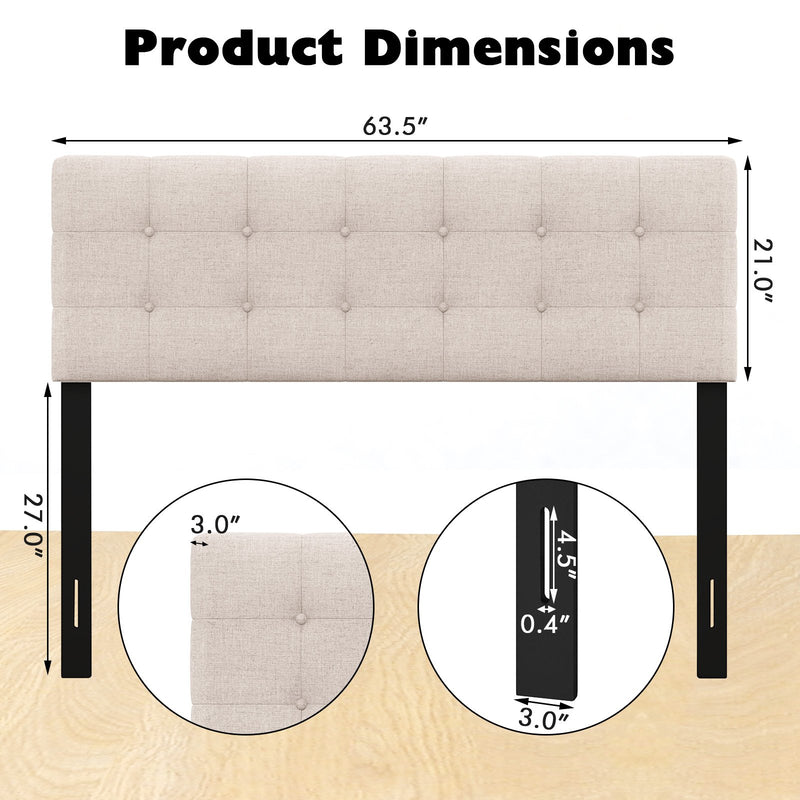 Linen Upholstered Headboard with Solid Rubber Wood Legs-Beige