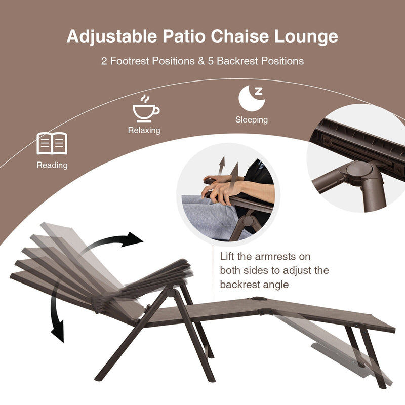 2 Pieces Foldable Chaise Lounge Chair with 2-Position Footrest-Brown