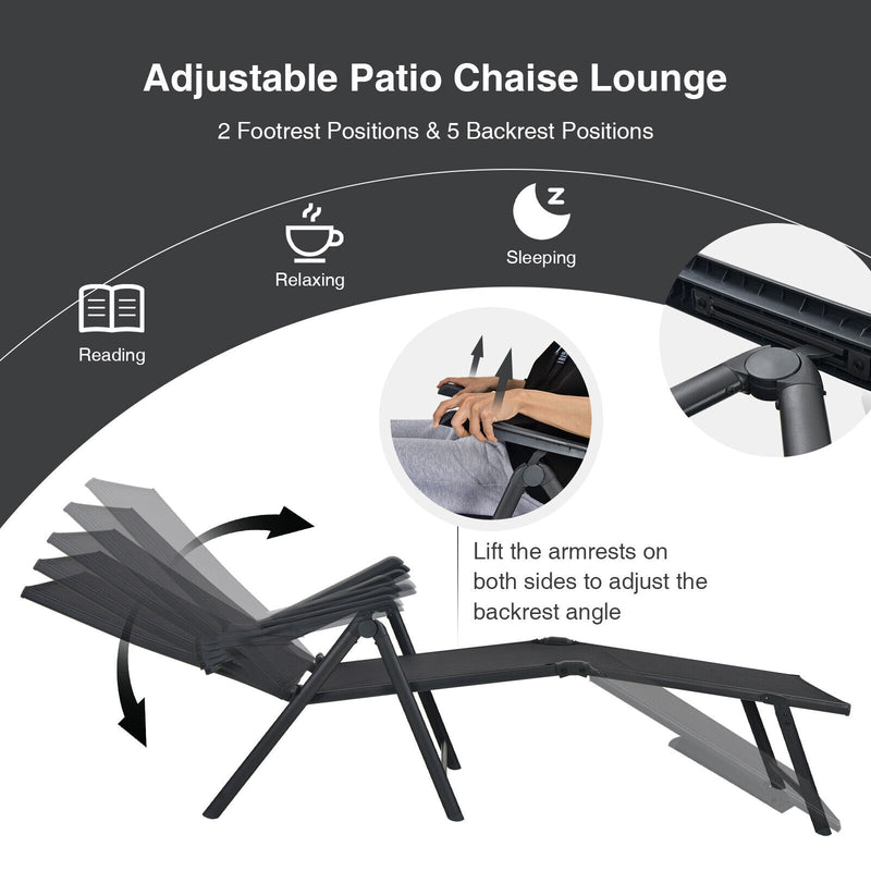 2 Pieces Foldable Chaise Lounge Chair with 2-Position Footrest-Black