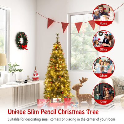 5/6/7/8/9 FT Pre-Lit Artificial Hinged Slim Pencil Christmas Tree-5 ft