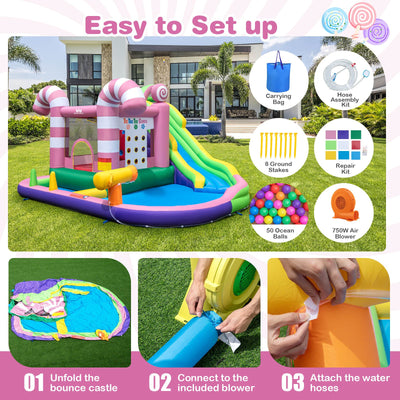 9-in-1 Inflatable Sweet Candy Water Slide Park with 680W Blower