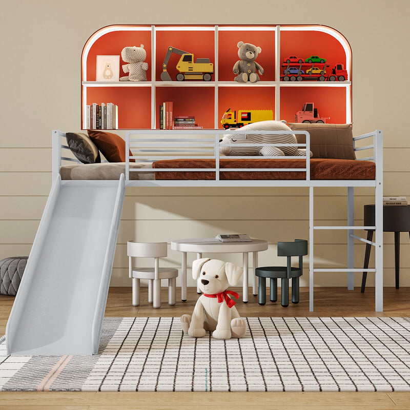 Twin Metal Loft Bed with Slide with Safety Guardrails and Built-in Ladder-Silver