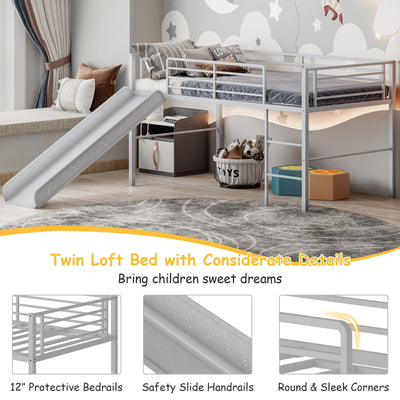 Twin Metal Loft Bed with Slide with Safety Guardrails and Built-in Ladder-Silver