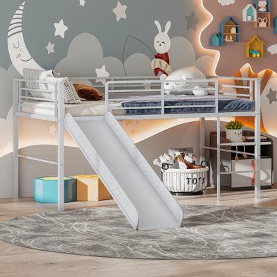 Twin Metal Loft Bed with Slide with Safety Guardrails and Built-in Ladder-Silver