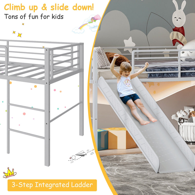 Twin Metal Loft Bed with Slide with Safety Guardrails and Built-in Ladder-Silver