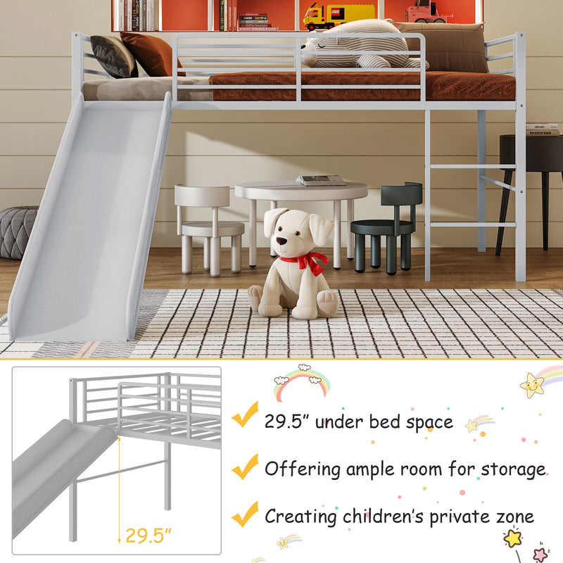 Twin Metal Loft Bed with Slide with Safety Guardrails and Built-in Ladder-Silver