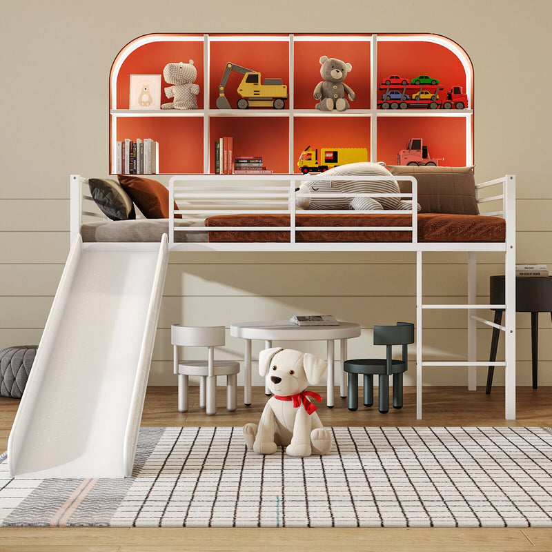 Twin Metal Loft Bed with Slide with Safety Guardrails and Built-in Ladder-White